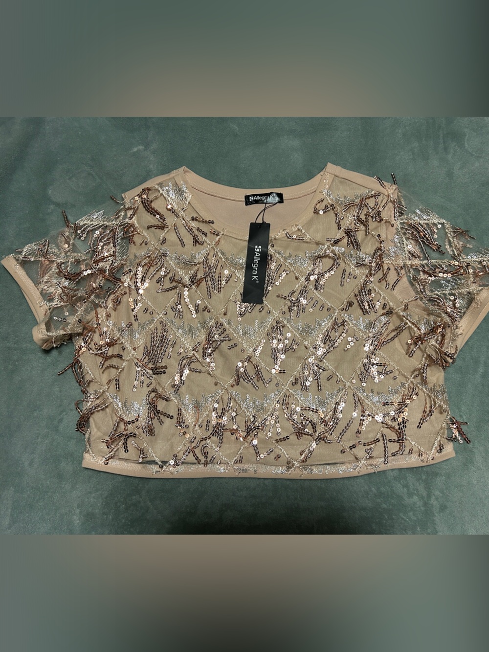 Allegra K Beaded Beige Crop Top with Rose Gold Sequins